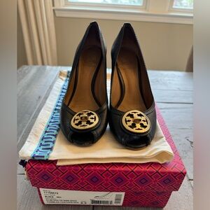 Tory Burch- Black- Selma Open Toe Wedge- Size 6.5- Good used condition